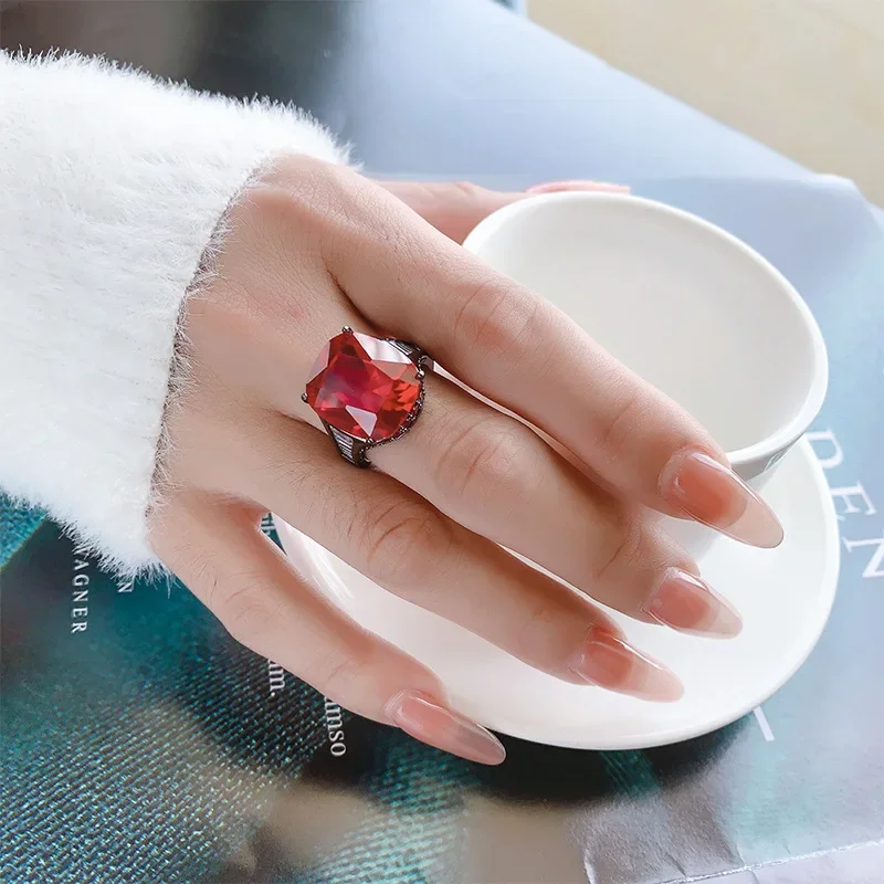 S925 Silver Plated 18K Gold Plated PT950 Platinum Retro Fashion Corundum Fat Square Ring Women's 14*16 Jewelry