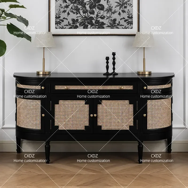 Retro Solid Wood Storage Cabinet with Braided Rattan Bucket Design Black Dining Sideboard TV Console Customizable Furniture