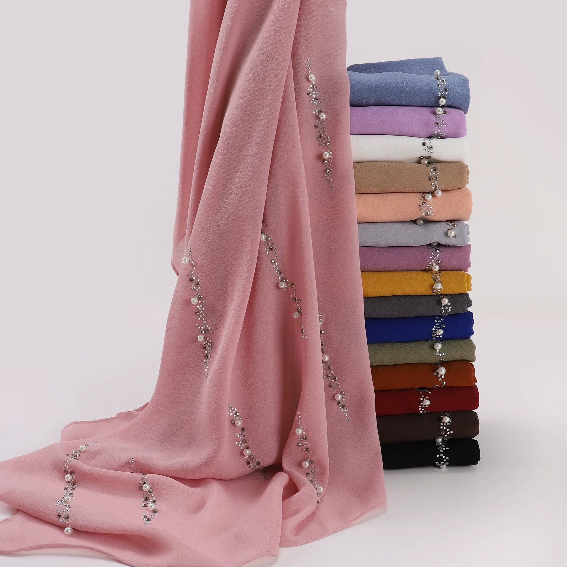 

New Pearl Chiffon Long Hijab Muslim Scarf Rhinestone Scarves Headscarf Turban Islam Stole Shawl Wrap Veil Bandanas Headband