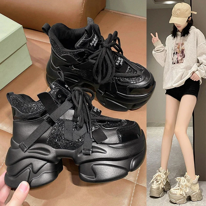 8CM Autumn Winter Chunky Sneakers Women Lace Up Platform Sports Shoes Thick Bottom Warm Snow Shoes Female Heels Bling Sneakers