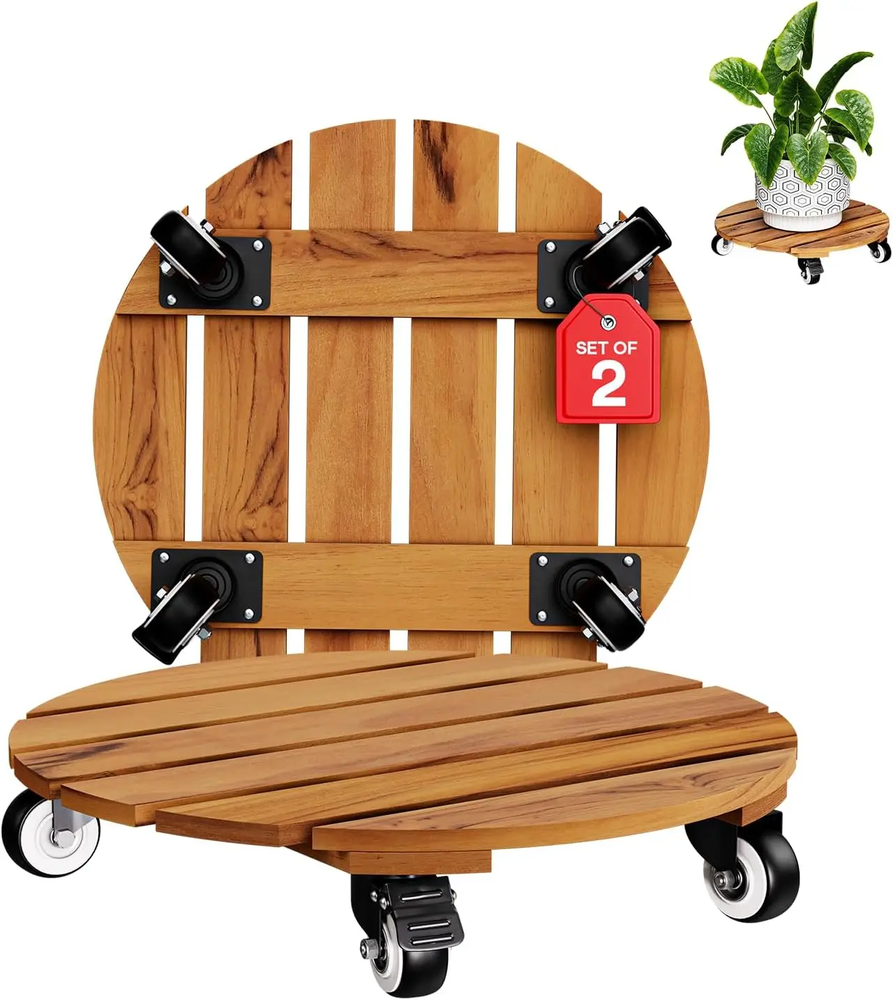 

2-Pack 14 Inch Acacia Wood Rolling Plant Caddy with Lockable Wheels, 264 lbs Capacity for Indoor and Outdoor Use