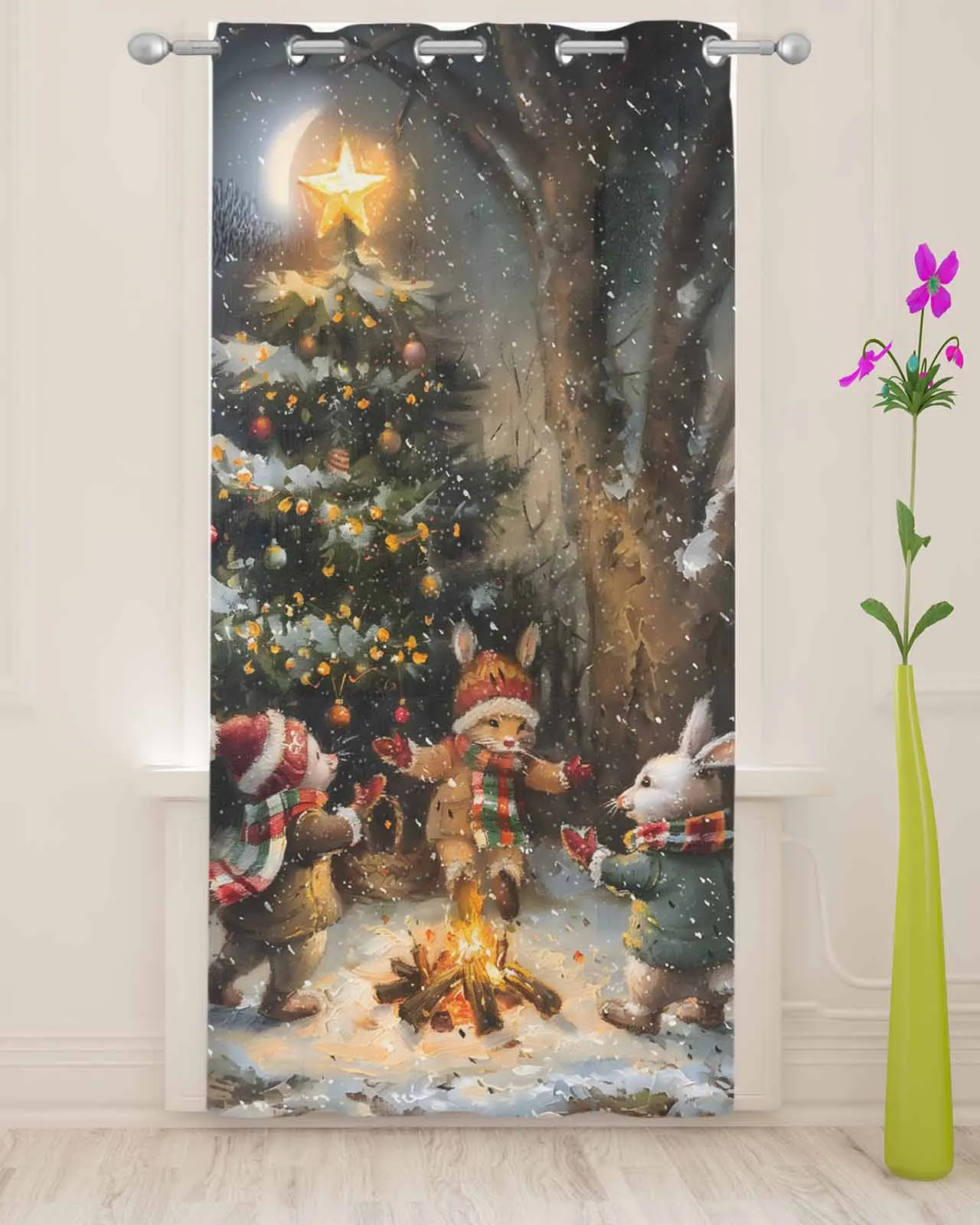 Christmas Tree Colorful Forest Moon Bonfire Animals Sheer Curtains For Living Room Modern Valance Kitchen Tulle Curtains