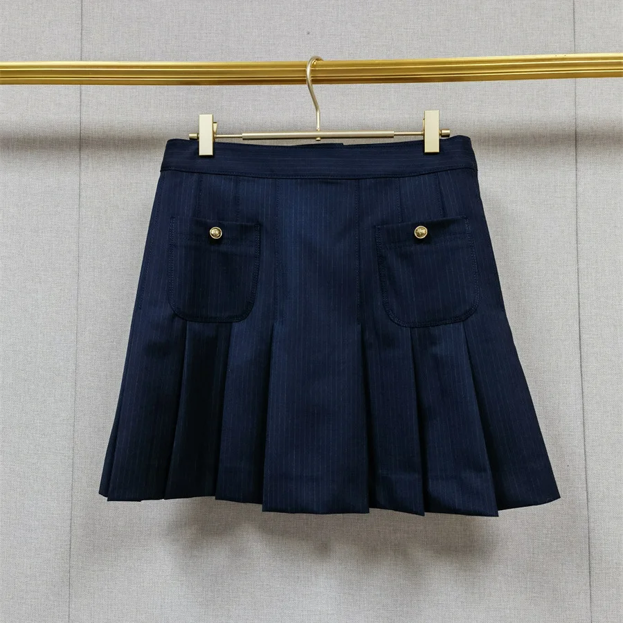 【presente grátis】2025 outono inverno nicho francês listrado blazer duplo breasted estilo plissado saia midi de cintura alta para mulher