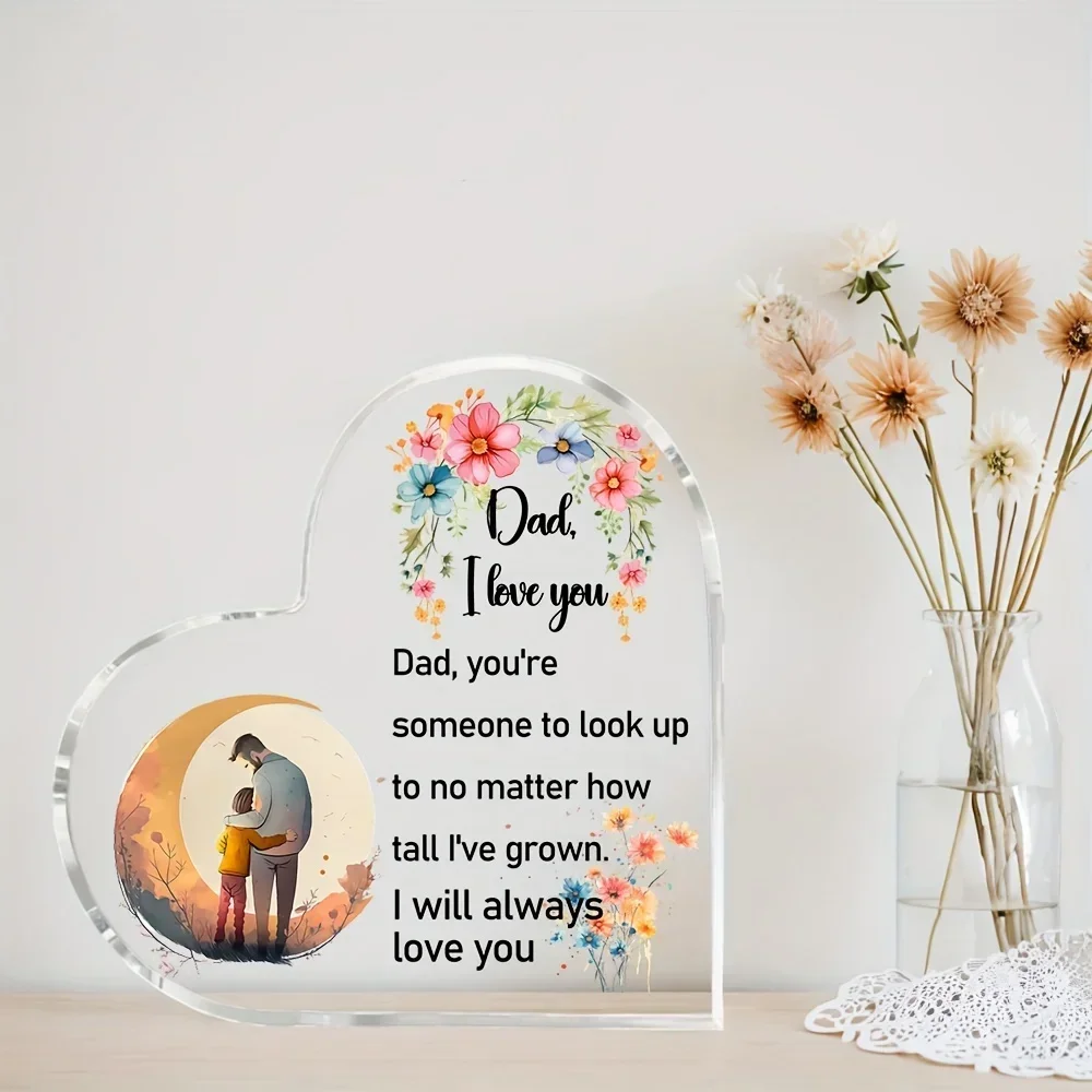 HeHeart Shaped Acrylic Plaque Gift for Dad Father Daughter Floral Moon Desk Decor, Inspirational Quote Home Decor Father's Day Gift