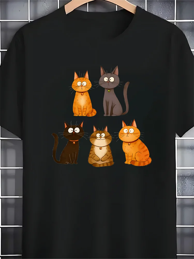 

Men's Black Crew Neck T-Shirt Cartoon Cats Sitting T-Shirt WHX 180g