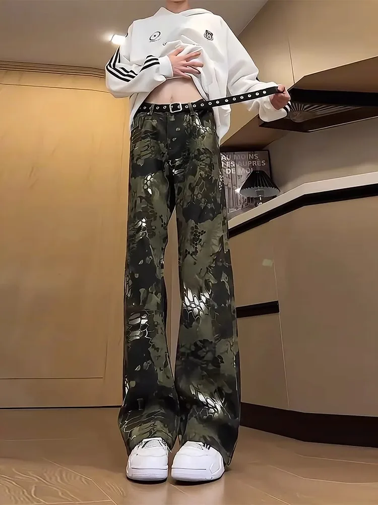 Men's Camouflage Snake Skin Print Straight Leg Jeans Fashionable Streetwear High Waist Bootcut Denim Trousers for Teens