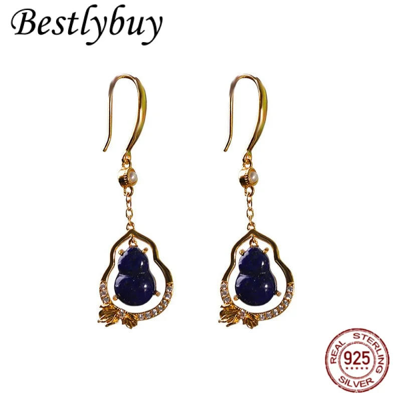 

Real S925 Sterling Silver Bow Earrings For Women's Fashion 18K Gold Natural Lapis Lazuli Gourd Temperament Earrings