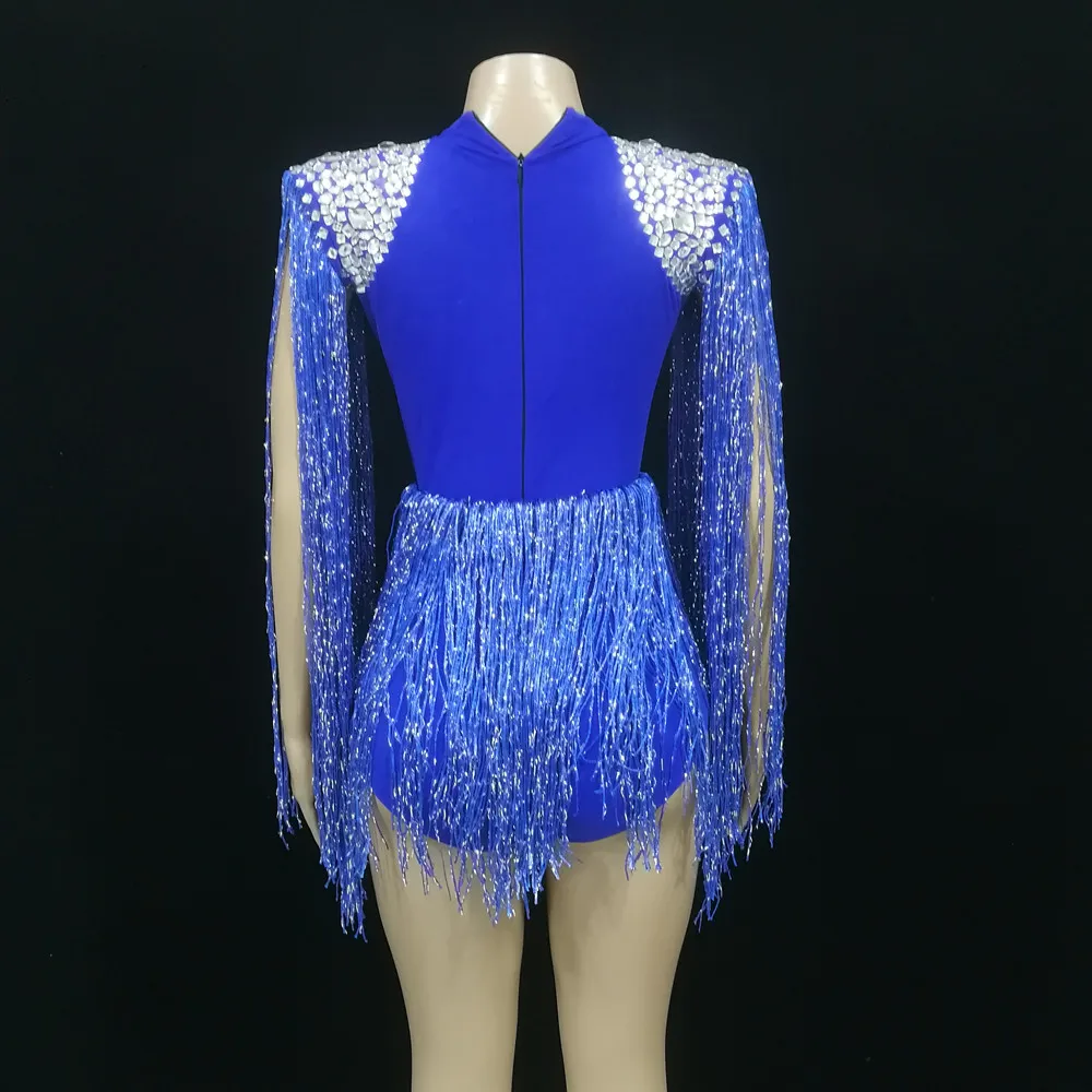 Sexy V-neck Blue Tassel Crystals Bodysuit Leading Dancer DJ Singer Jazz Dance Costume Fringe Leotard Bar Performance Clothes