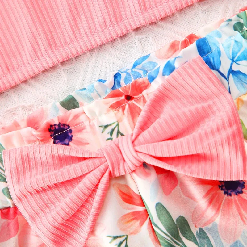 2025 Summer Girls Set Off Shoulder Top Printed Casual Pants Outdoor Beach Suit Sweet Casual Children's Clothing Two-Piece Set