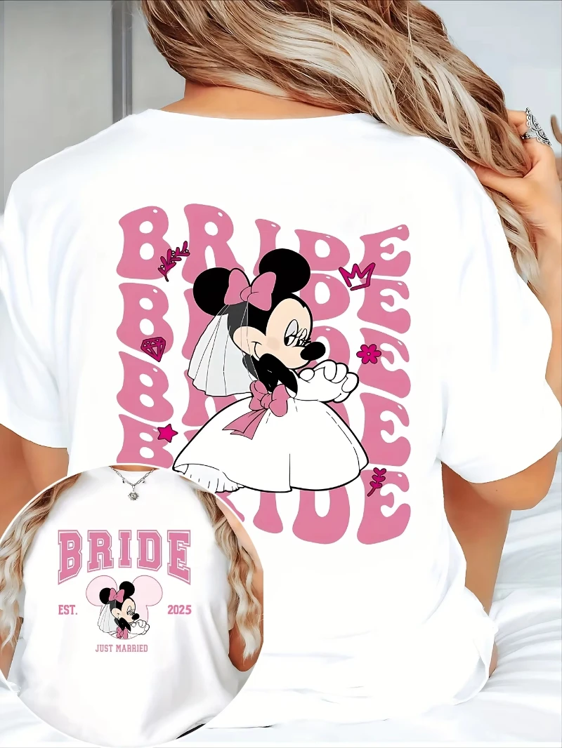 

Disney Minnie Mouse Bride Wedding Anniversary T-Shirt for Cute Cartoon Women's Cotton Casual Tee Top Oversize Short Sleeve
