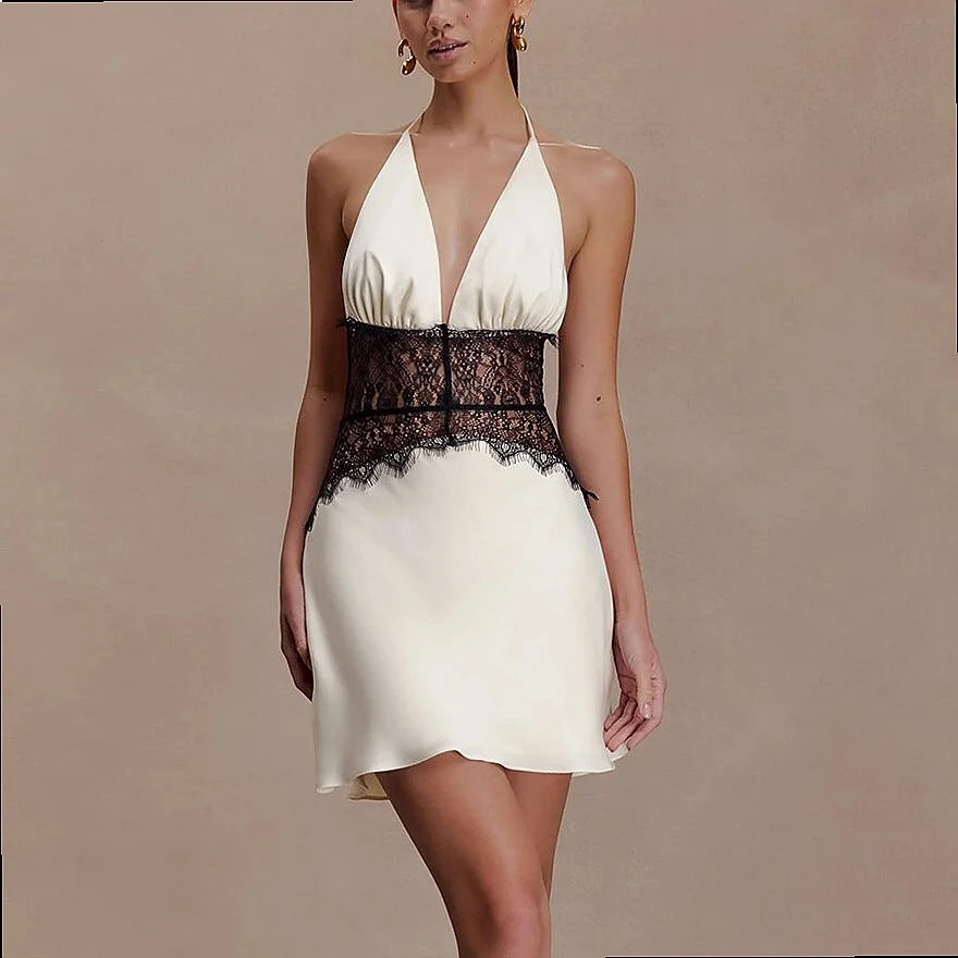 Sexy Lace Waist Short Dress, Hollow Out Backless Bodycon Mini Dresses for Women, Fashionable Going Out Partywear
