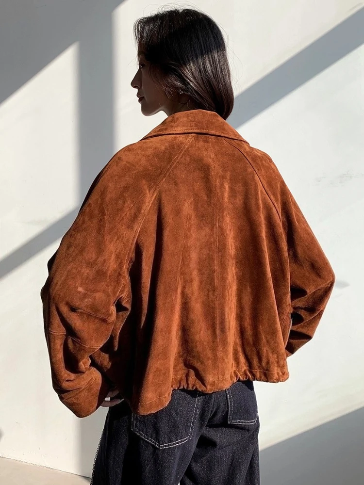 Giacche vintage in vera pelle scamosciata corta per donna Autunno Inverno 2025 Cappotto in vera pelle di capra casual allentato semplice di fascia alta