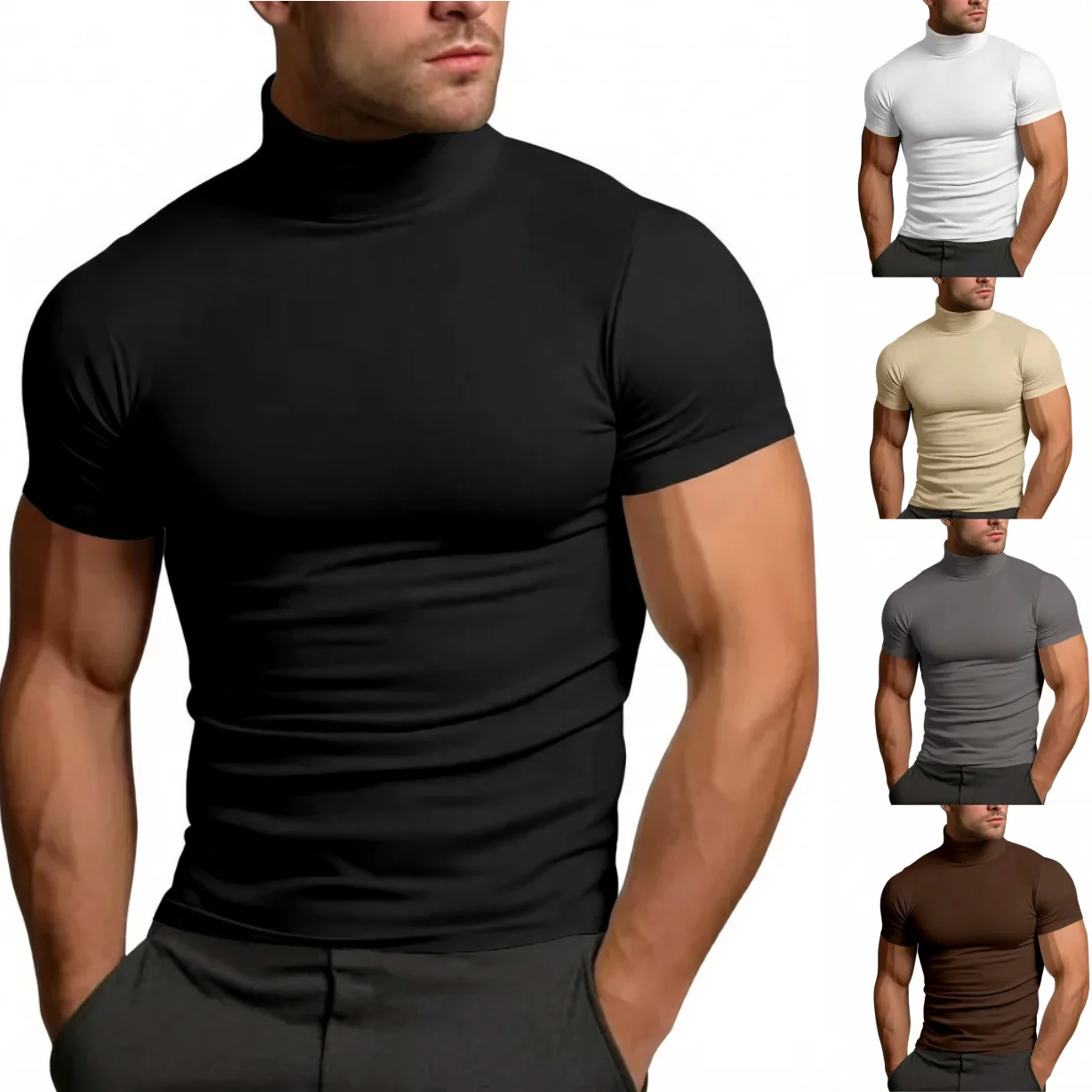 Men's compress T-shirts summer solid color short-sleeved men tops fashion yoga clothes men's tight turtleneck T-shirt