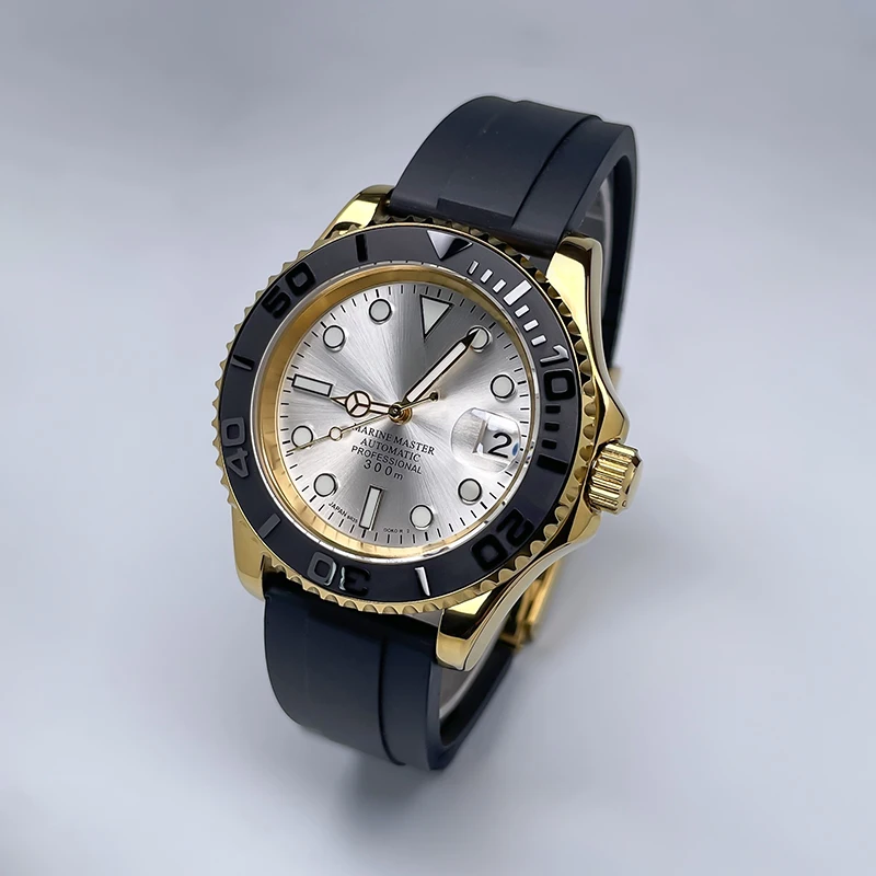 NH35 Automatic Watch Men 40MM Full Gold YM Ceramic Bezel Two-Way Rotating Sapphire Glass Luminous Luxury Rubber Strap for Man