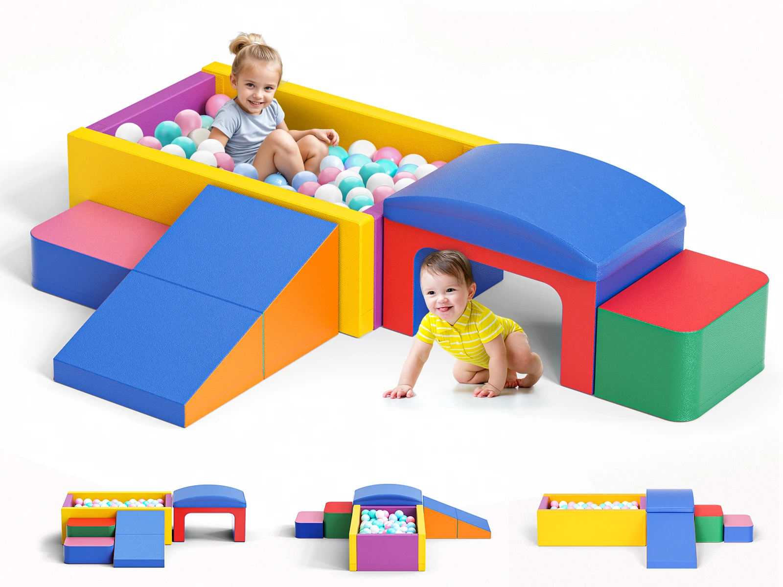9-teiliges Kletter-Spielzeug für Kleinkinder, Schaumstoff-Bausteine mit Ball, Kinderspielplatz-Spielzeug zum Krabbeln, Klettern und Rutschen