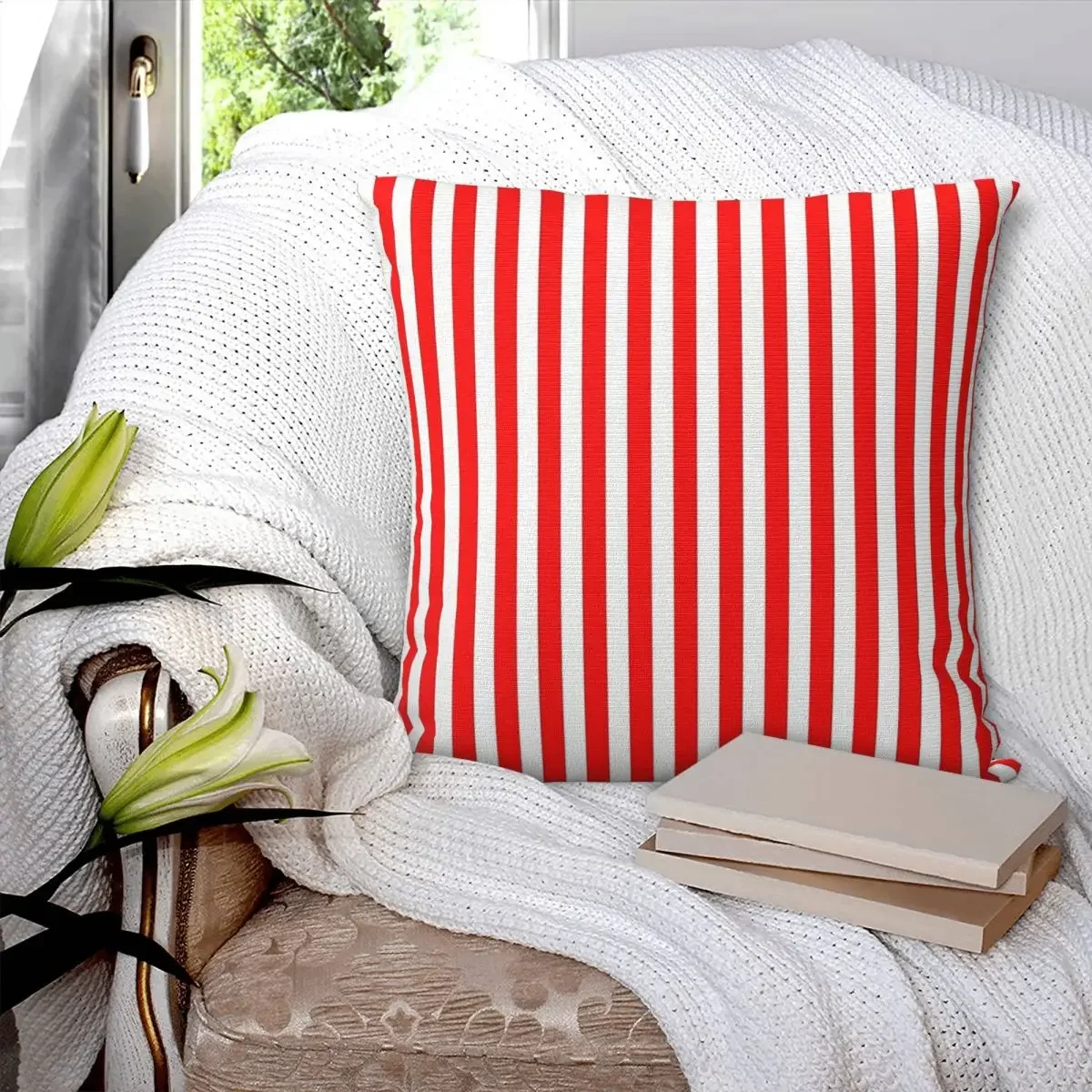 

Classic Red And White Vertical Stripes Square Pillowcase Pillow Cover Polyester Cushion Comfort Throw Pillow for Home Bedroom