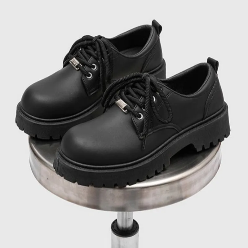 

New Men's Black Thick Sole Derby Shoes Round Toe Height Increasing Casual Leather Shoes British Style Platform Workwear Footwear