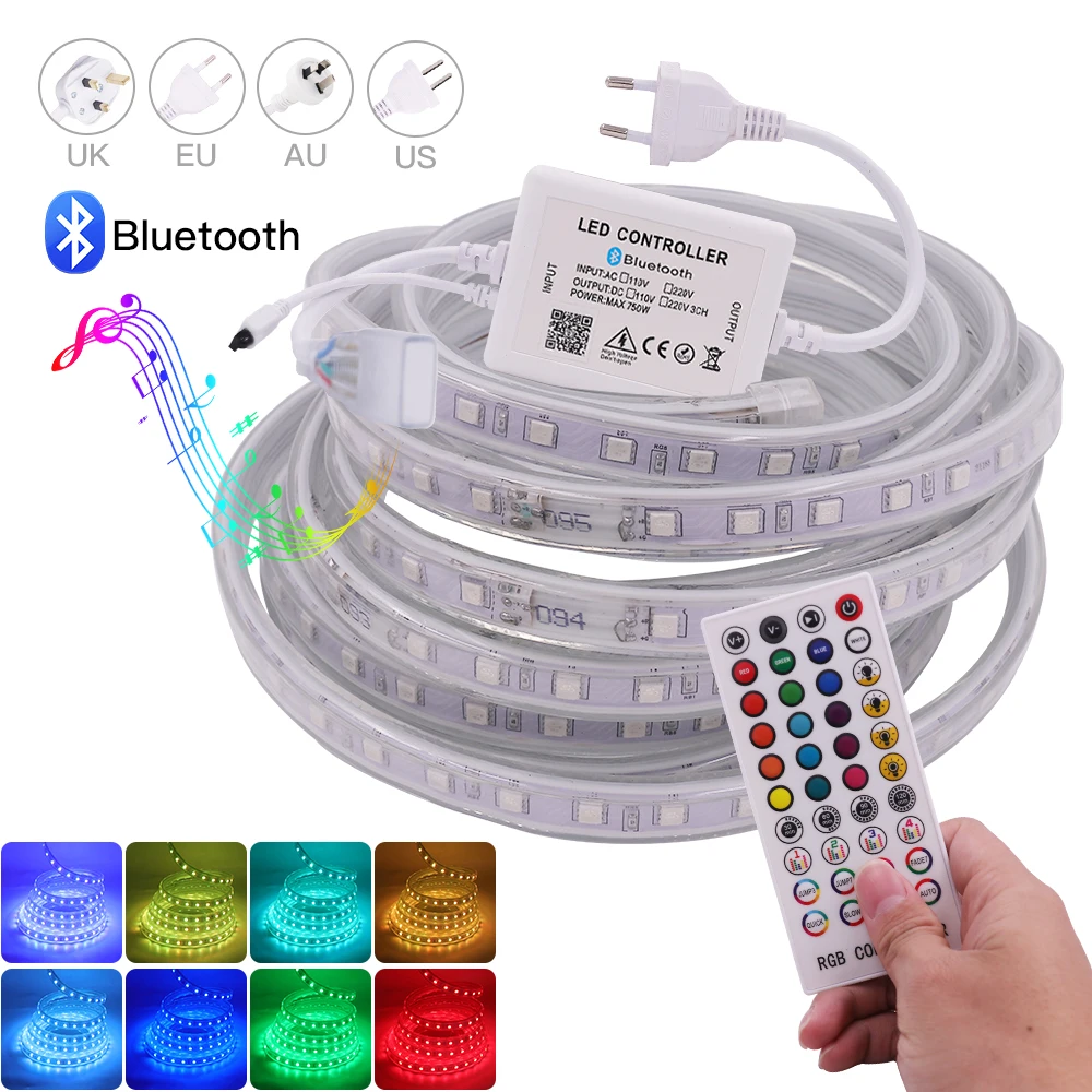 

220V LED Strip Light Waterproof SMD5050 60Leds/m Luces Led Tape AC 110V Bluetooth Ribbon Diode 1-25m Flexible Stripe With Remote