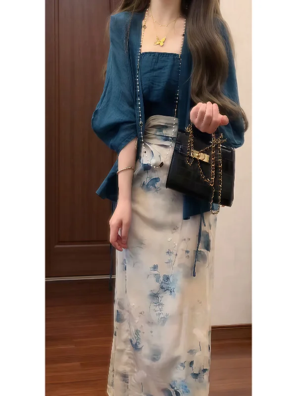 

New Chinese Sle Spring Faion Set 2026 ular Printed f Skirt Tee Piece Set Cardigan Strapl Cotton Blend Women's ...