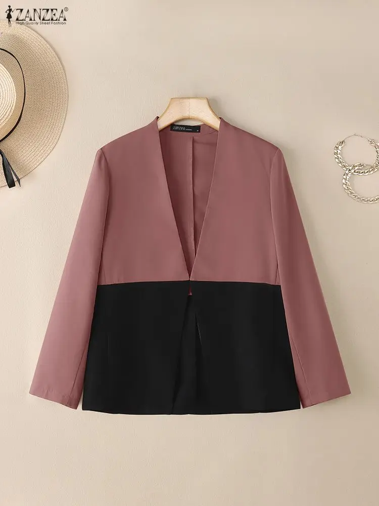 ZANZEA 2025 Autumn Women Blazer Office Outwears Casual Long Sleeve Patchwork Thin Coats Cardigan Elegant V Neck Blazer Suits