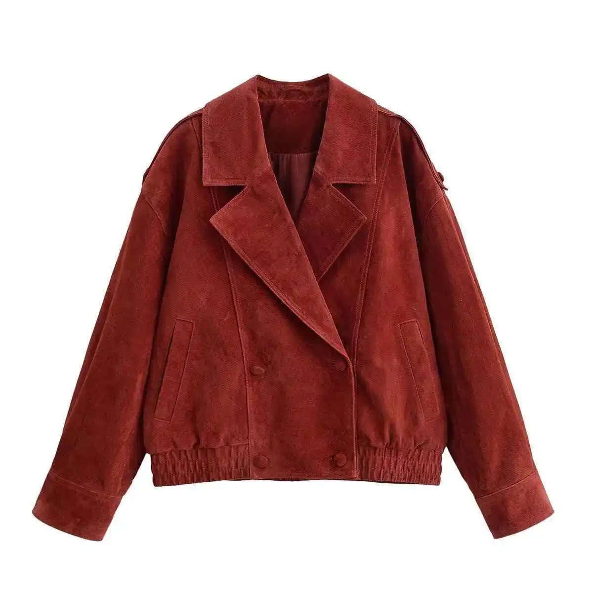 

KIDCRKJ Vintage Women 2026 Spring Suede Jacket Red Lapel Collar Elastic Hem Female Bomber Coat Minimalist Versatile Lady Jacket