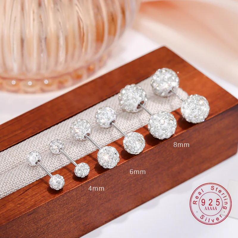 

925 Sterling Silver Paved CZ Ball Stud Earrings Multiple Sizes (4/6/8mm) Shiny Minimalist Jewelry for Women Daily Accessory