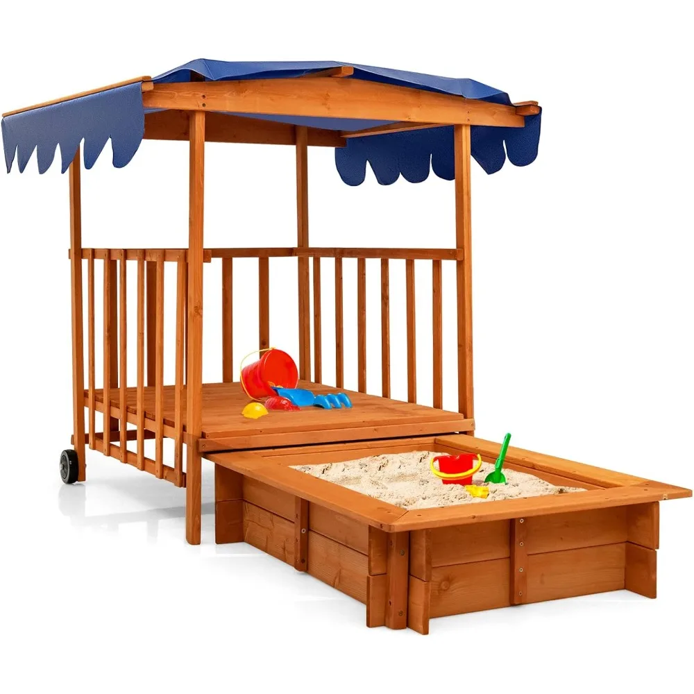 Kids Retractable Sandbox with Canopy, Wooden Cedar Cabana Playhouse with Large Play Area, Rear Wheels, Guardrails, Child