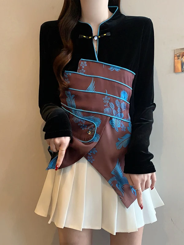 

Новая китайская женская рубашка с вышивкой, на пуговицах, с длинными рукавами, асимметричным воротником-стойкой, больших размеров, для ранней весенней моды