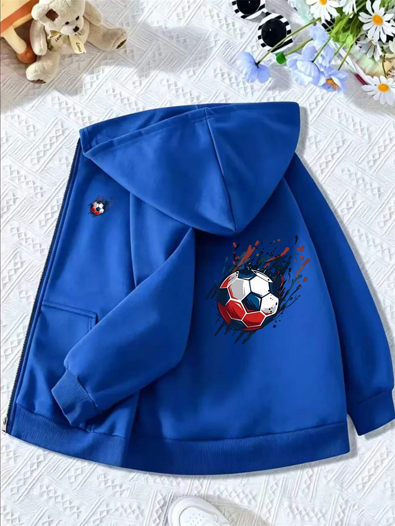 Kids Splash Ink Soccer Ball Graphic Zip Up Hoodie Loose Long Sleeve Hooded Jacket Sports Casual Outerwear For Boys Girls