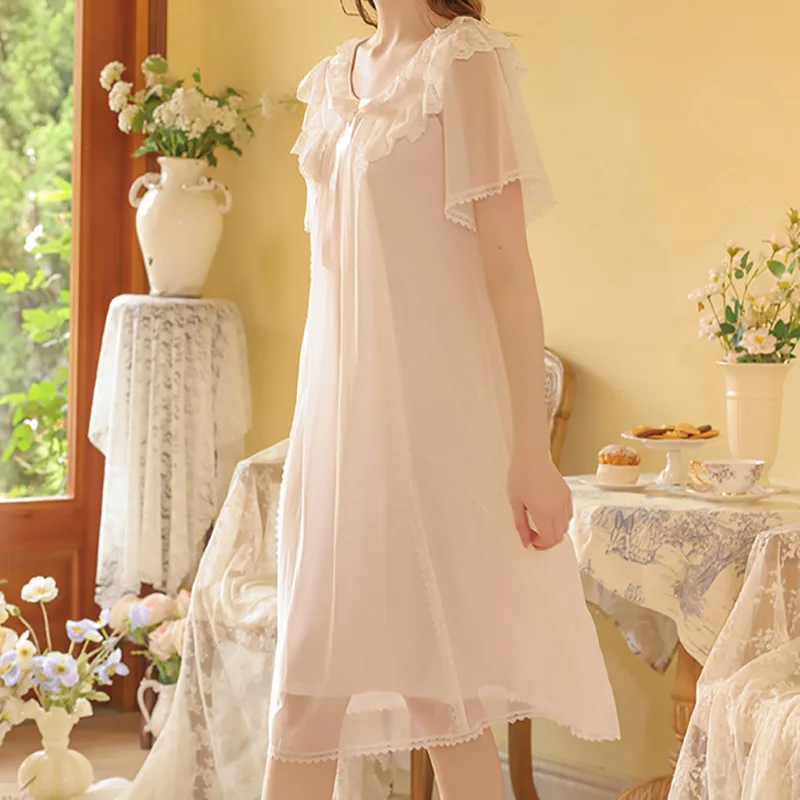 Women Fairy Lolita Ruffles Vintage Pajama Night Dress Summer Short Sleeve Mesh Sleepwear Victorian Princess Nightgowns