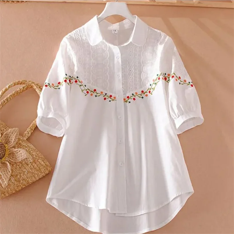 Pure Cotton Ladies Shirt Vintage Embroidered Blouses For Women White Top National Summer Clothes Laple Cardigan Female Shirt