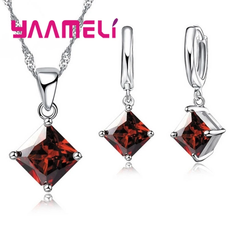 New Arrival 925 Sterling Silver Women Accessories Earrings Jewelry Set With Square Shinny CZ Necklace