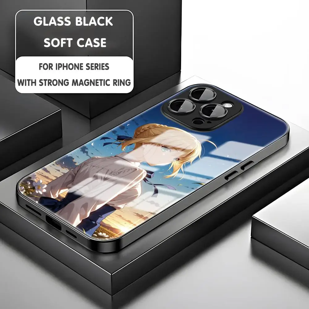 Coque de téléphone magnétique en verre, dessin animé Fate s-sabre, pour iPhone 17 16 e 15 14 13 12 11 X XR XS Plus Mini Pro Max