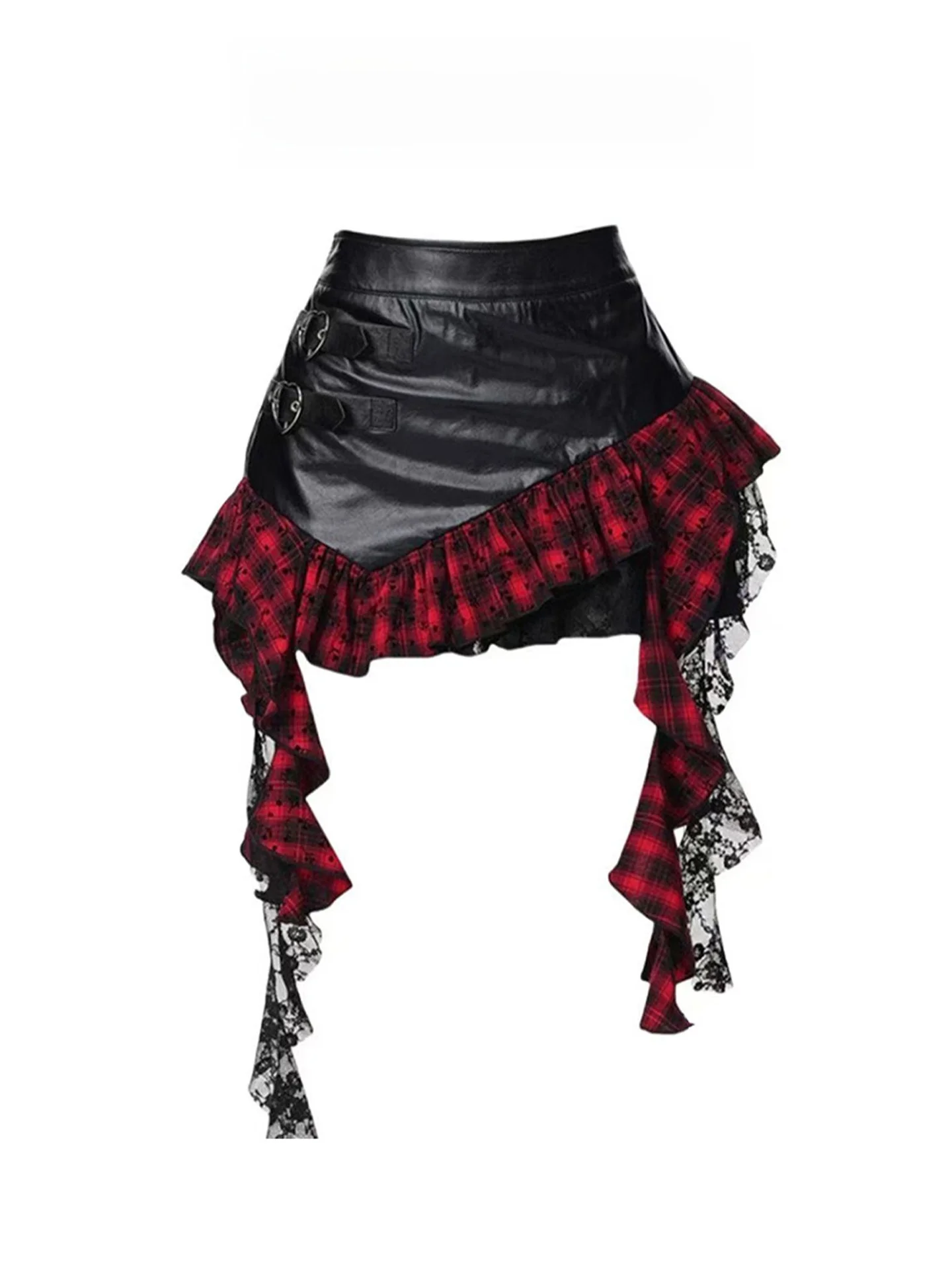 

High Waist Plaid PU Leather Skirt Women's Spring Summer A-Line Skirt Asymmetrical Hem Korean Sle ort Skirt