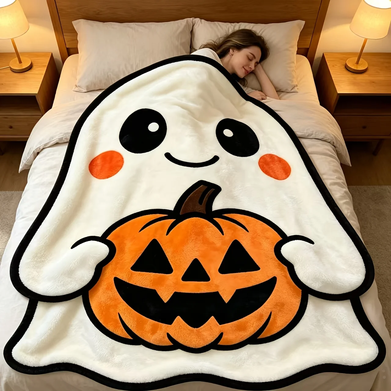 Halloween Flannel Blanket Cute Ghost-Shaped  Blanket Soft And Comfortable Novelty Blanket Suitable for Sofa Bed Home Decoration