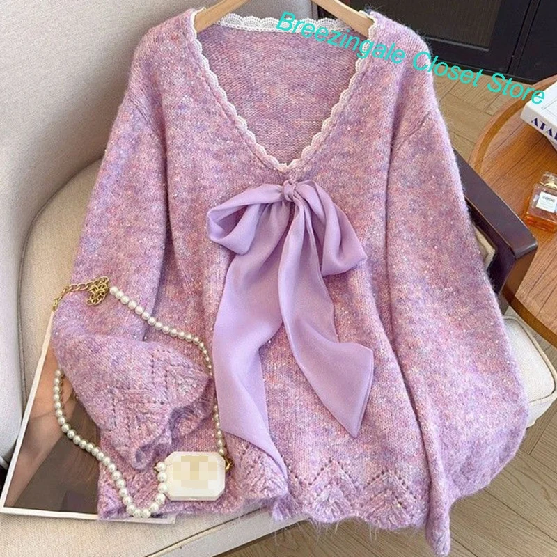 French style tie bow sweater coat women's autumn and winter new fashion sweet temperament lace stitching collar sweater pullover