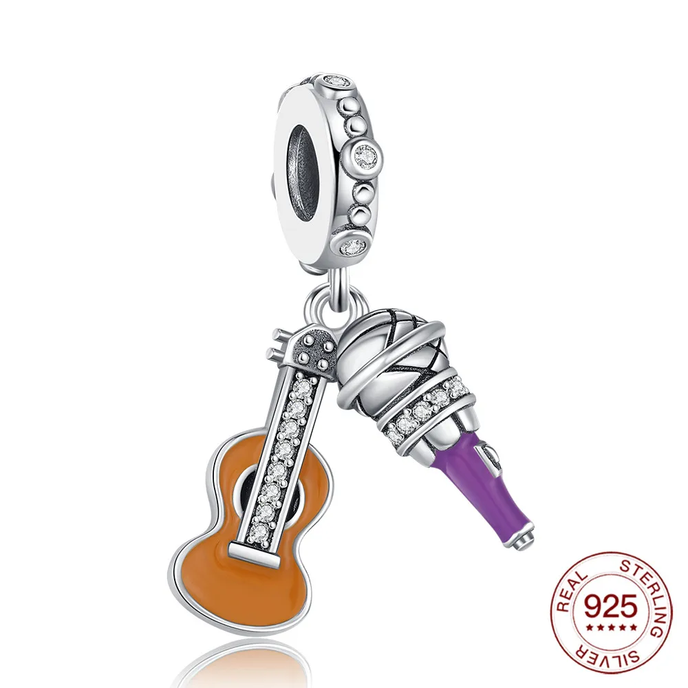 Neuer Feiertags-Charm: Original Gitarren-Mikrofon-Anhänger aus S925 Sterlingsilber, passend für Armbänder, DIY-Schmuck für Frauen, Liebesgeschenk