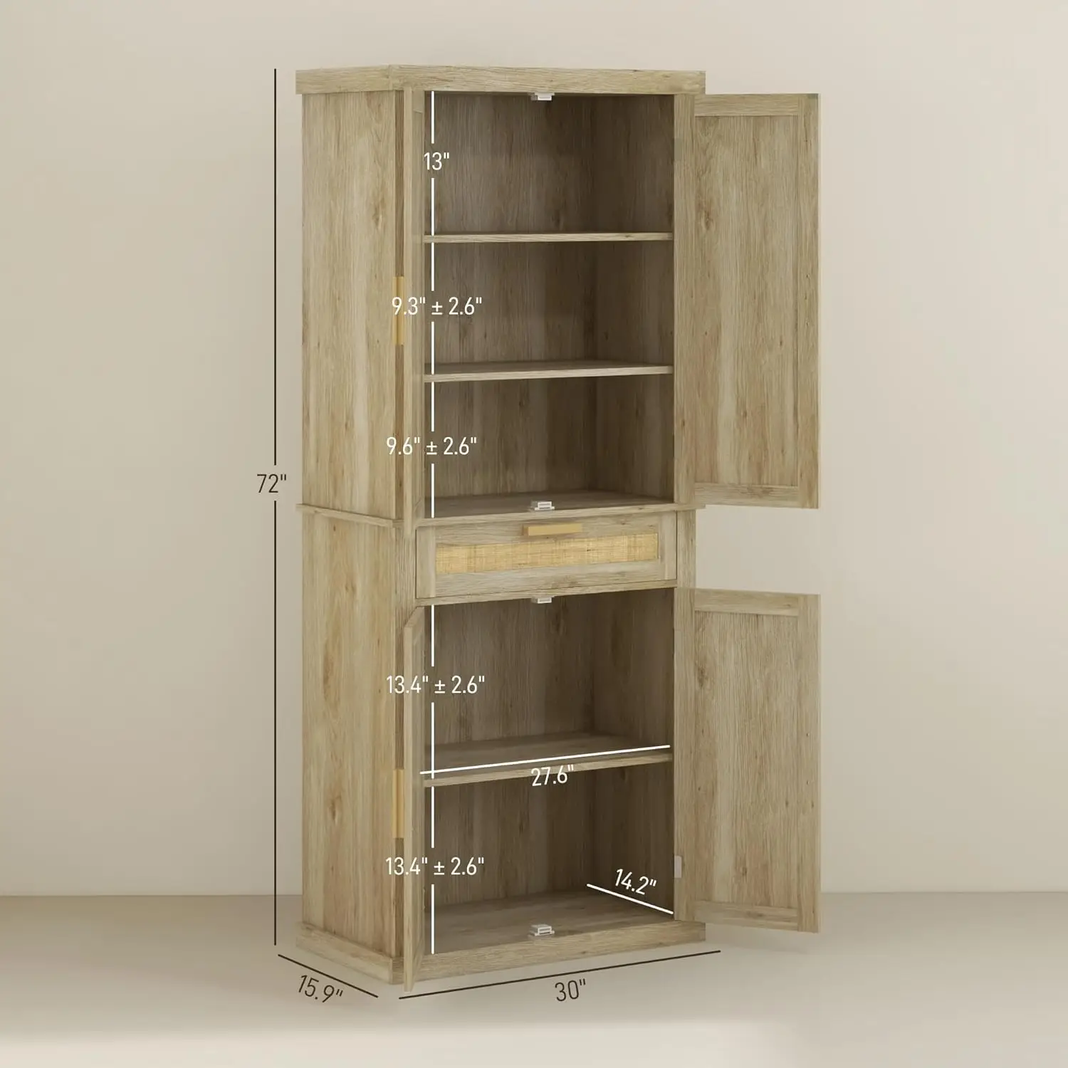 Rattan Armário de cozinha autônomo, 72 "Tall Kitchen Pantry Storage, 4 Doors, Drawer, 5-Tier Shelf, ajustável