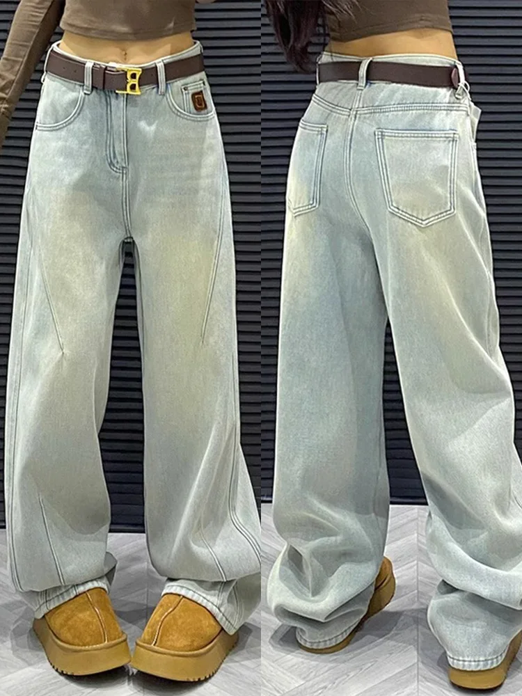 

Большие размеры, повседневные широкие джинсы в американском стиле ретро, женские осенние новые свободные универсальные прямые брюки длиной до пола, длинные брюки с высокой талией...