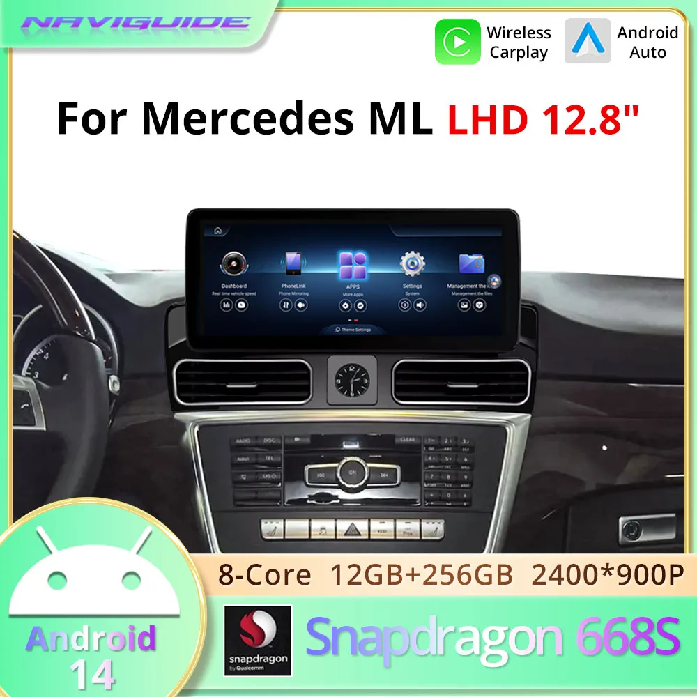 Ultra-thin screen Android 14 For Mercedes ML Class W166 LHD Wireless Carplay Android Auto Smart Car Navigation Multimedia Player