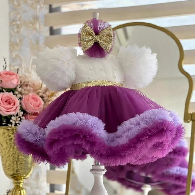 Short Sleeve Girls Tutu Dress Childrens Stage Pageant Host Piano Competition Performance Gown Formal Party Kids Birthday Outfit