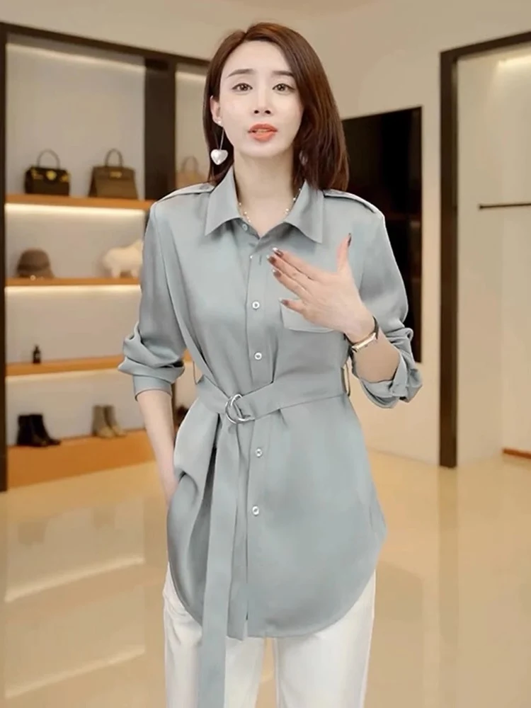 

Sli Collar irt Slimming Waist Long Sve ket Design Commute Friendly Autumn New Arrival Women's plus Size Top