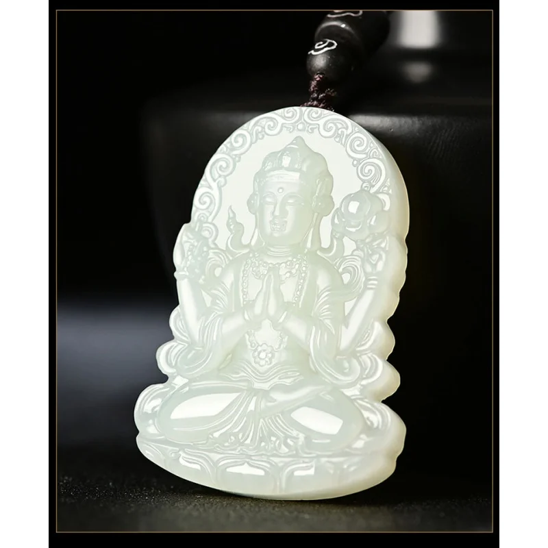 Four-Wall Avalokitesvara Men's Pendant Hetian White-Jade Statue of Guanyin Necklace Body Protection Bodhisattv