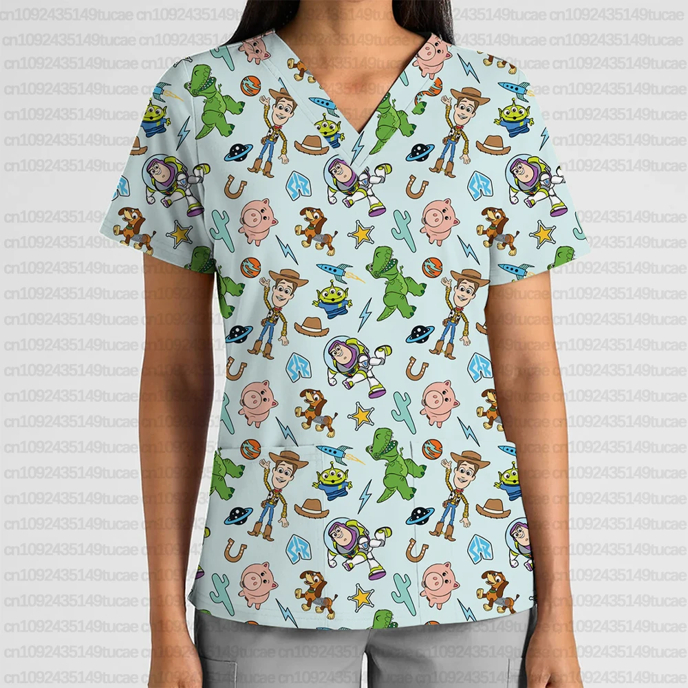 

Disney Buzz Lightyear Women's Fashion Commuter Work Clothing Printed V-neck Pocket T-shirt Frosted Top Pet Store Work Clothes