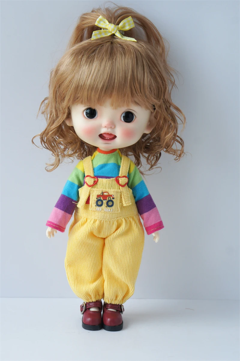 Perruque BJD de 3-4 pouces à 11-12 pouces, cheveux doux, frange complète, demi-queue de cheval, cheveux courts bouclés et ondulés, adaptés à toutes les pouces de tête