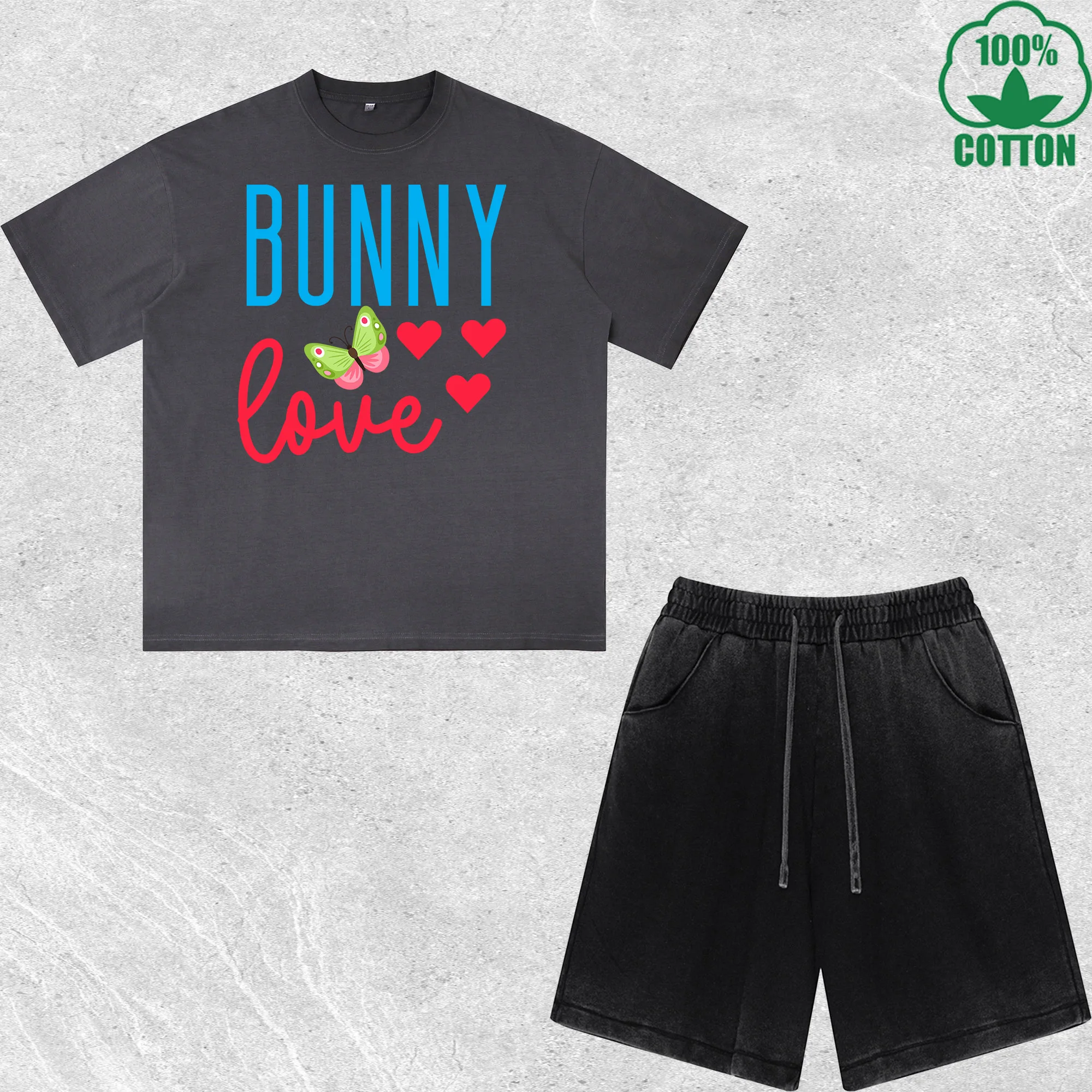

Bunny Love Printed Dirty Wash T-Shirt Shorts Set Multicolor Combo Loose Trendy Fashionable 100%Cotton Short Value Pack