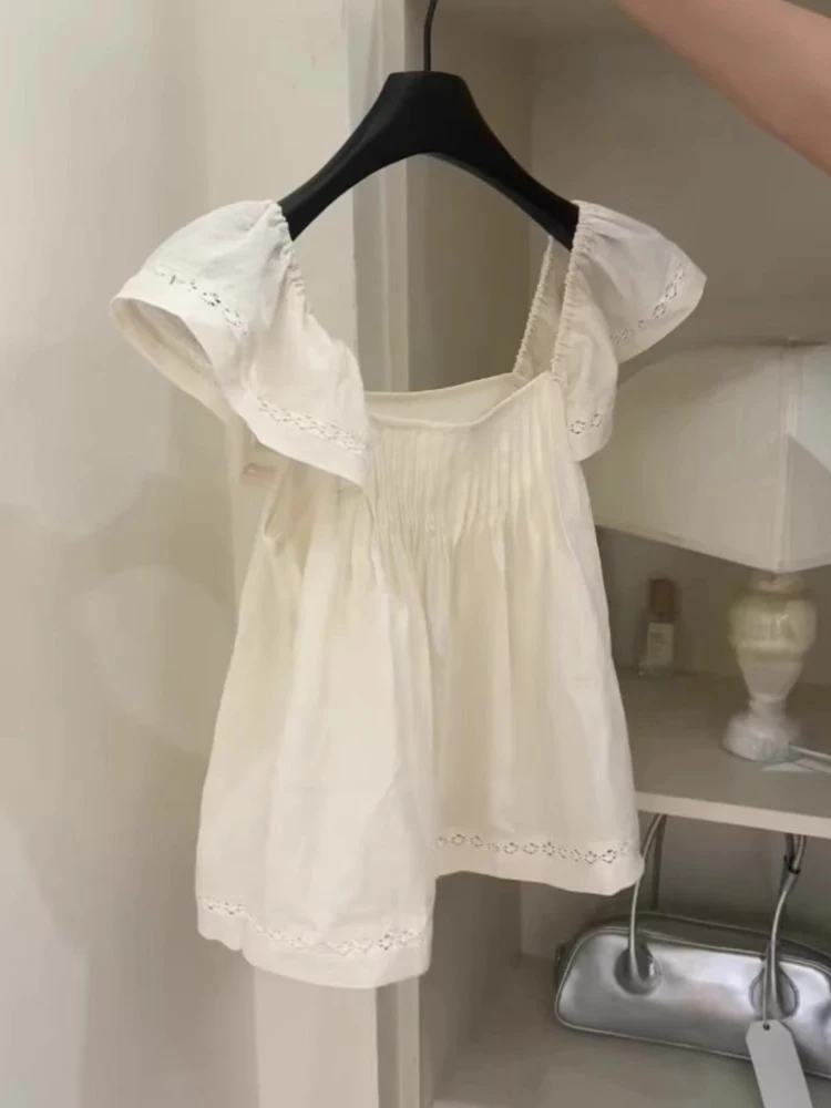 

Cute Doll irt Women's Summer New Sle Gentle Ele Loose Square Collar White Top French Sle Loose Fit Hollow out ort...