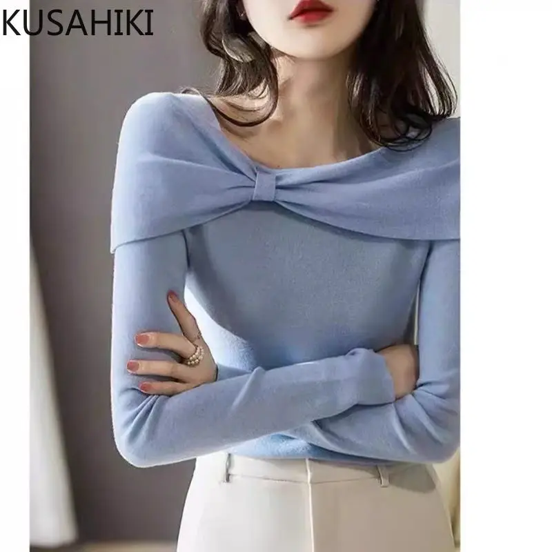 KUSAHIKI Elegant Off Shoulder Bowtie Knitted Bottom Shirt for Women\'s Autumn/Winter Top Fashion Slimming Sweater Pullovers