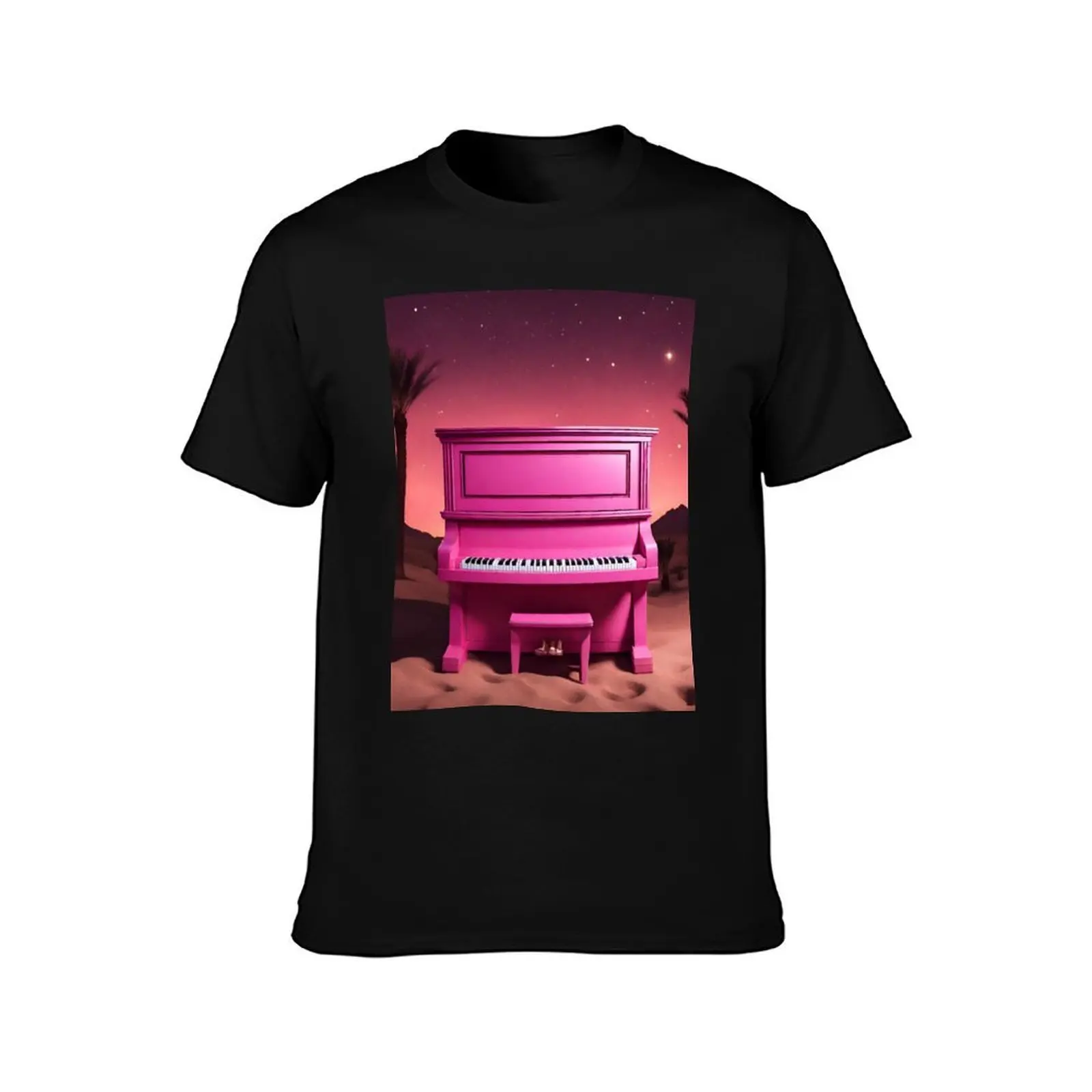 Piano in the Egyptian desert with Pyramids, jungles, lanterns, ancient Rome T-Shirt, Summer Casual Cotton Tee, Unisex Men Women