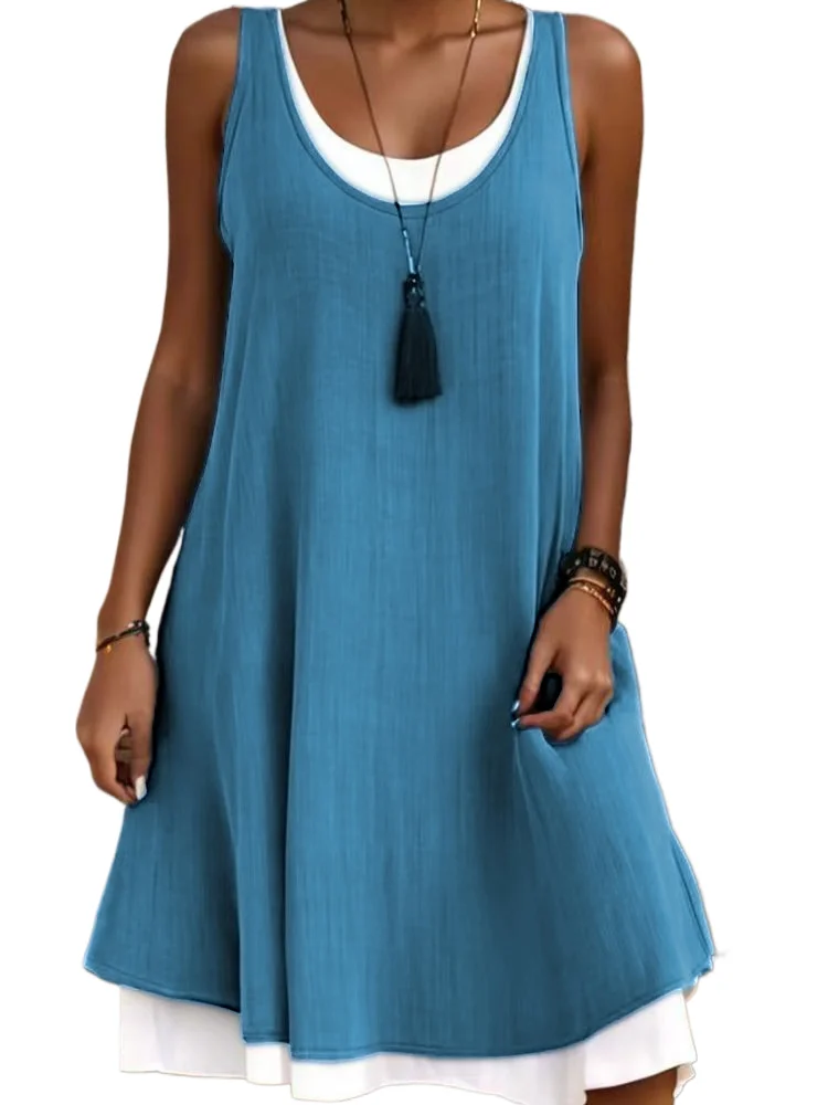 

Casual Women Green Dress Summer Fashion Sleeveless Loose Two Piece Elegant Dresses Female New Office Holiday Beach Dress